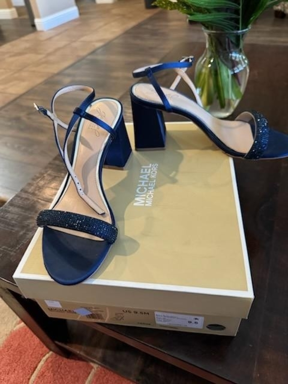 Michael Kors Navy Block Heel Sandals with Crystal Front Strap Wore 1 Time
